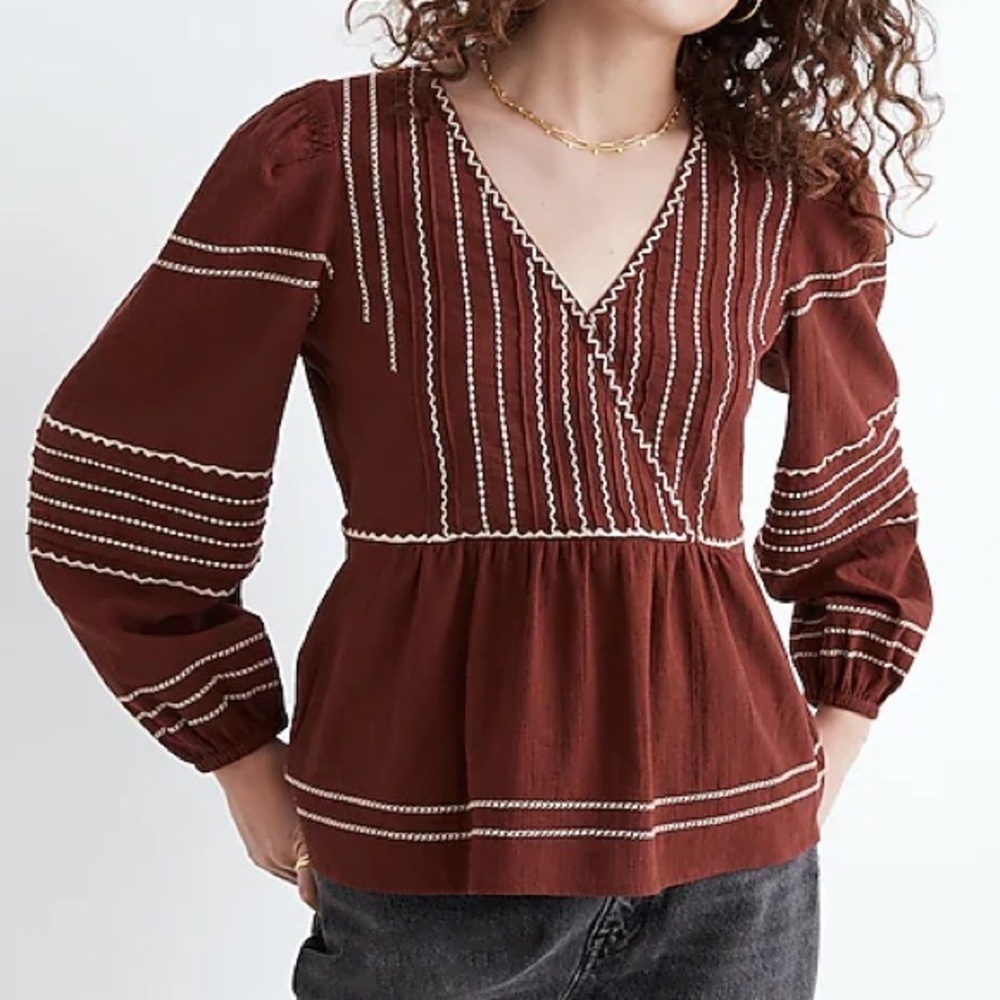 Madewell Embroidered Faux-Wrap Top -Rusted Burgundy Fall Autumn
